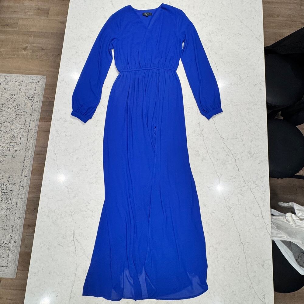 Lulus Wondrous Water Lilies Long Sleeve Maxi Dress Women’s Large Royal Blue - Picture 13 of 16